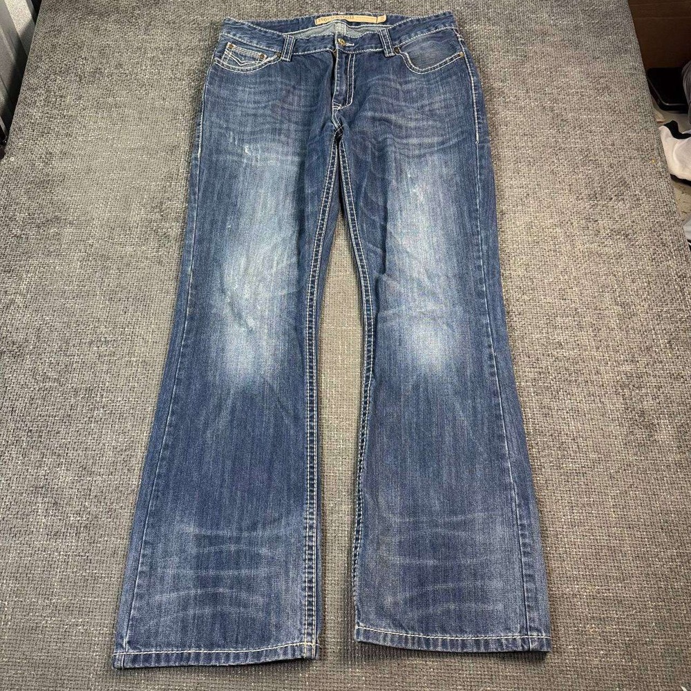 Rock & Roll Cowboy Bootcut Jeans Mens 36x35 Blue Distressed Thick Stitch Denim